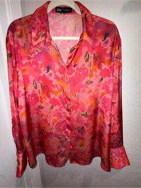 Zara Satin Floral Button Up Blouse Pink Watercolor Print Women’s Size XL